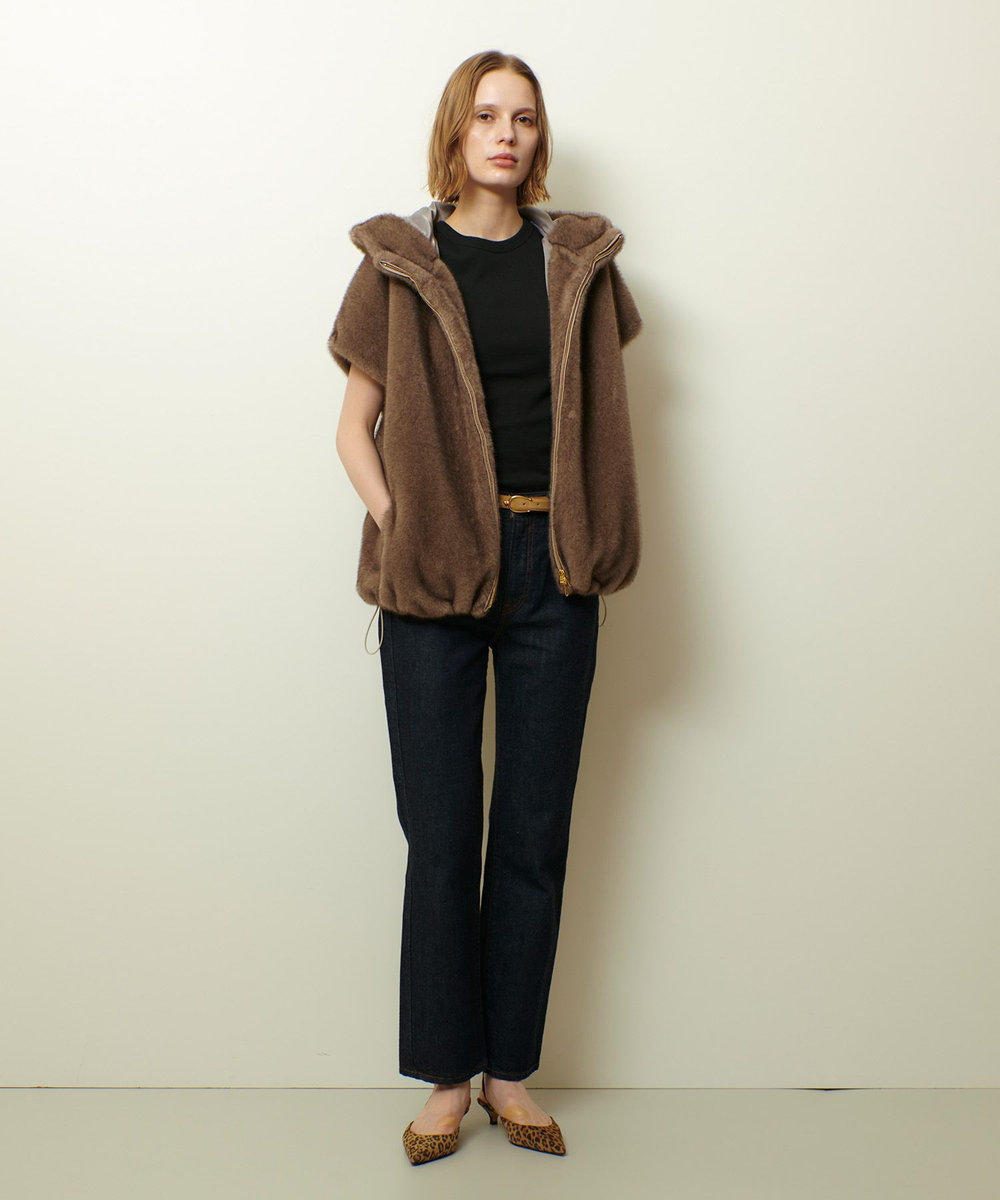allureville フェイクミンクファーフーディーブルゾン ダークブラウン (82)