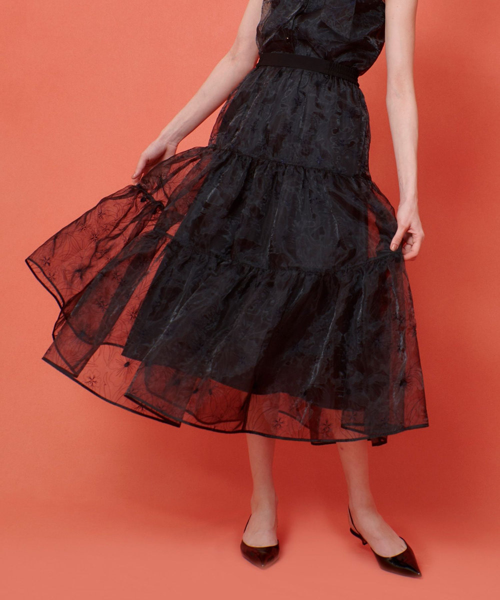 LOULOU WILLOUGHBY 【LOULOU WILLOUGHBY】オーガンジーフラワー刺繍スカート ブラック (95)