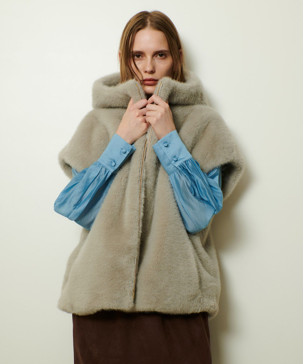 allureville フェイクミンクファーフーディーブルゾン グレー (92)