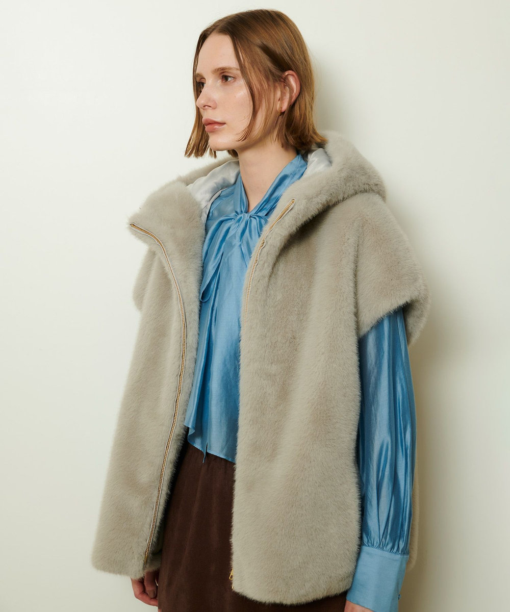 allureville フェイクミンクファーフーディーブルゾン グレー (92)