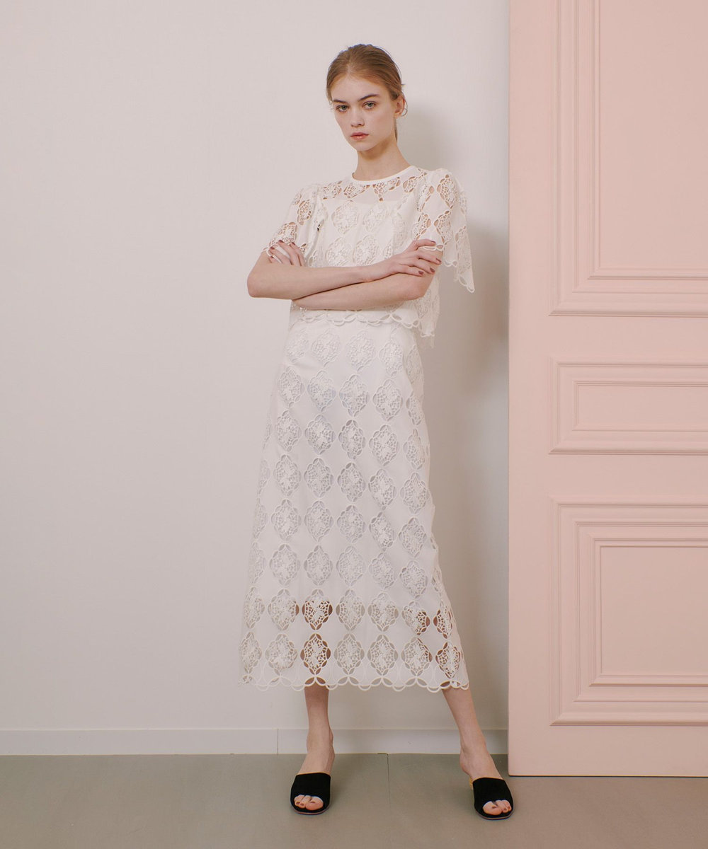 LOULOU WILLOUGHBY 【LOULOU WILLOUGHBY】タフタシシュウタイトスカート ホワイト (01)