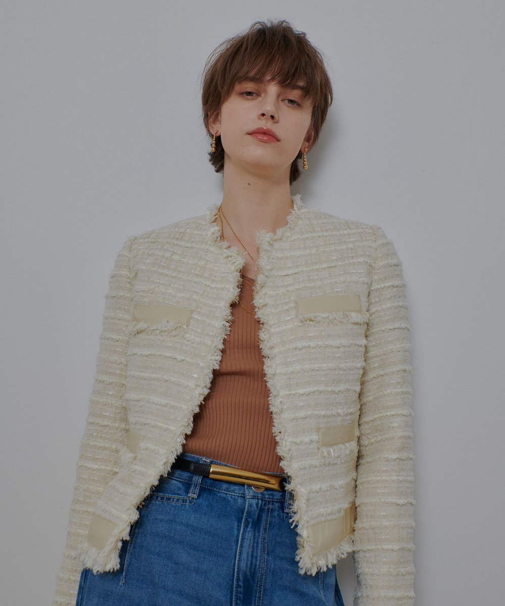 allureville ジオリカツイードラウンドネックジャケット アイボリー (04)