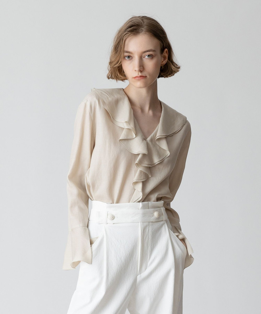 極美品✨アルアバイル　フリルブラウス　バンドカラー　紺　長袖　ジョーゼット　M 極美品✨アルアバイル フリルブラウス バンドカラー 紺 長袖 ジョー