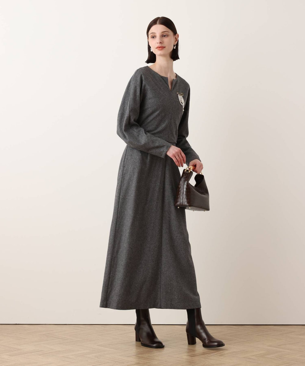 allureville ノーカラーフレアワンピース チャコールグレー (94)
