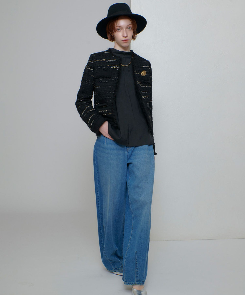 allureville ジオリカツイードラウンドネックジャケット ブラック (95)