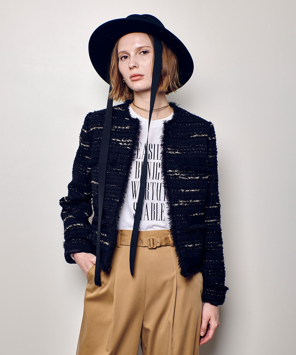 allureville ジオリカツイードラウンドネックジャケット ブラック (95)