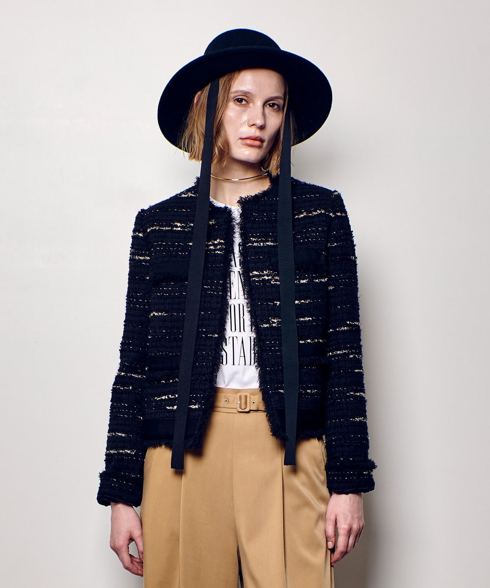 allureville ジオリカツイードラウンドネックジャケット ブラック (95)