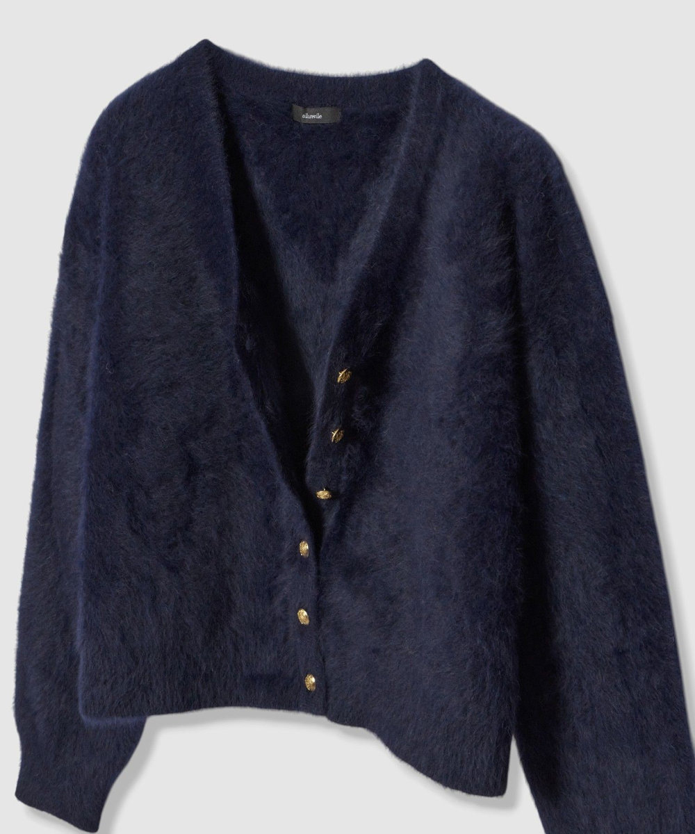 allureville カシミヤブレンドファー加工Vカーディガン ネイビー (65)
