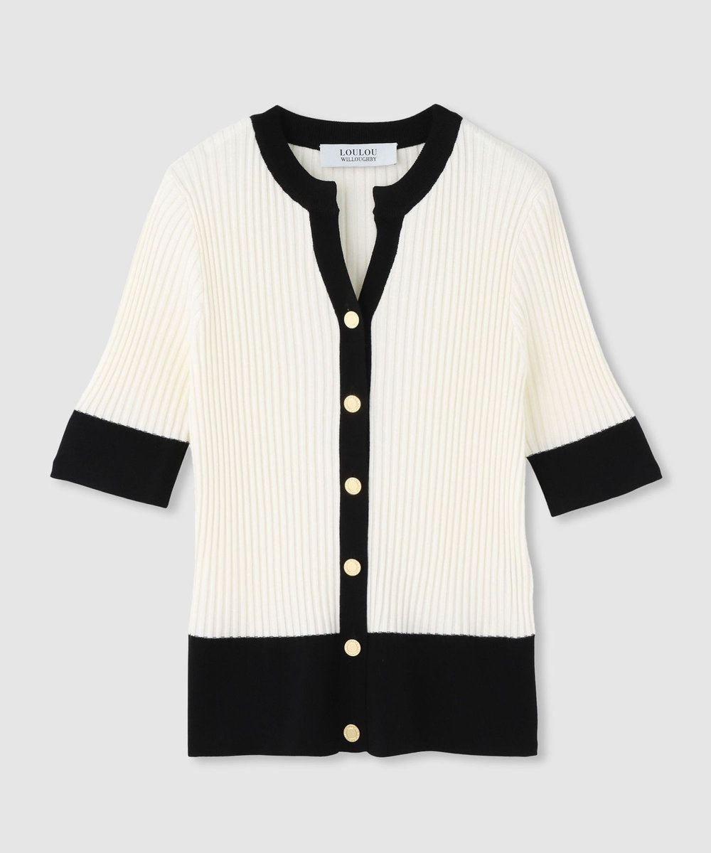 ◇ 【LOULOU WILLOUGHBY】バイカラーキーネック5分袖カーディガン