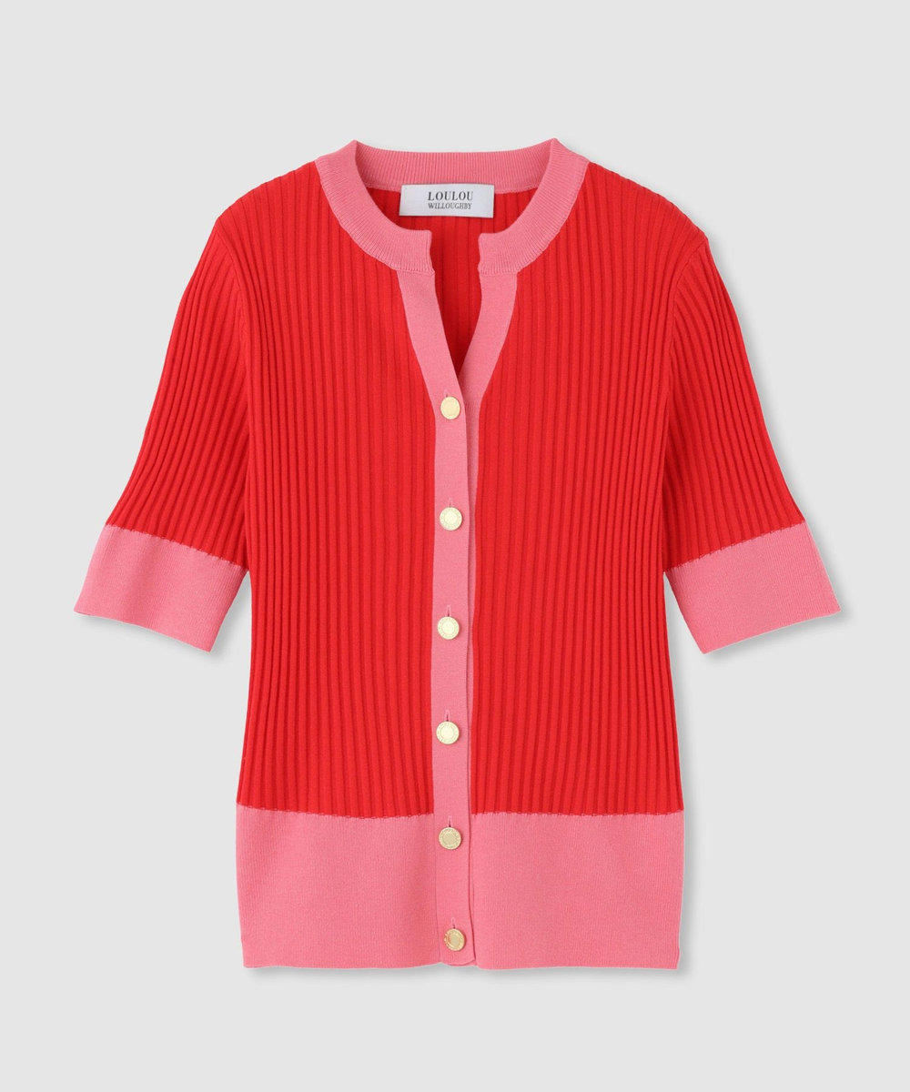 LOULOU WILLOUGHBY ◇ バイカラーキーネック5分袖カーディガン レッド (43)