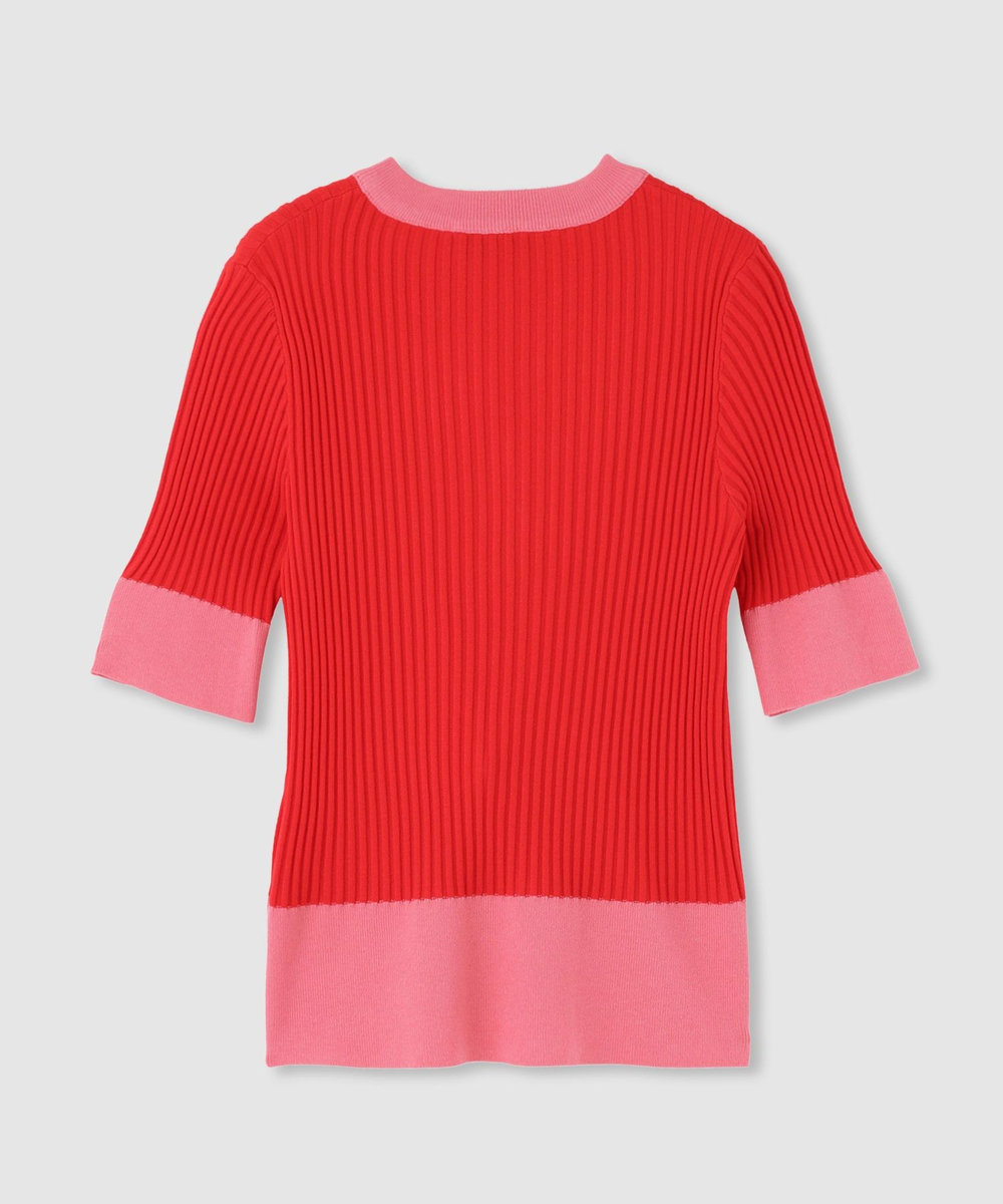 LOULOU WILLOUGHBY ◇ バイカラーキーネック5分袖カーディガン レッド (43)