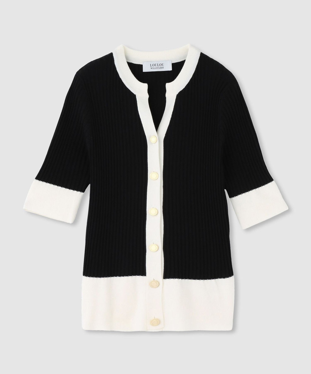 LOULOU WILLOUGHBY ◇ バイカラーキーネック5分袖カーディガン ブラック (95)