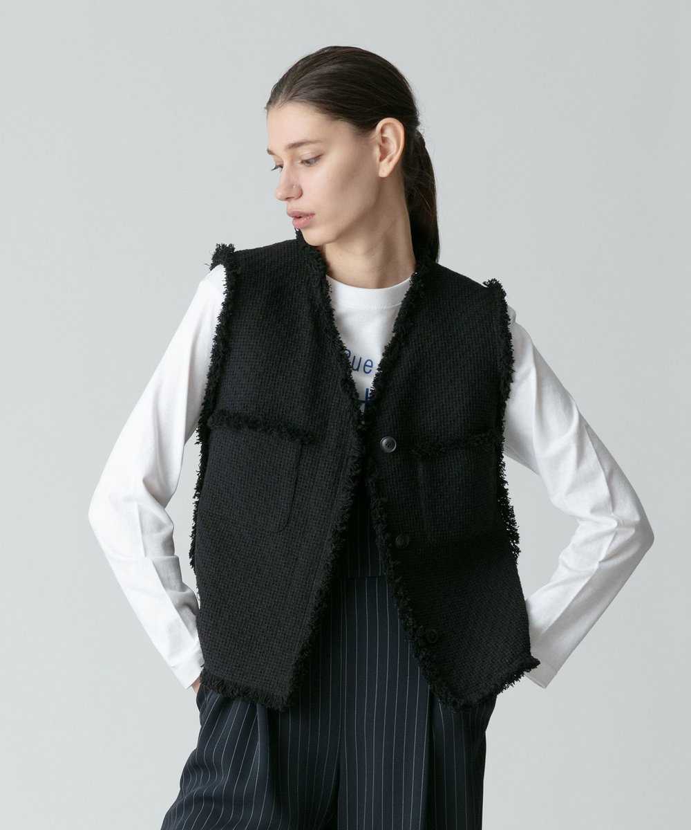 allureville ラスティックツイードフリンジジレ ブラック (95)