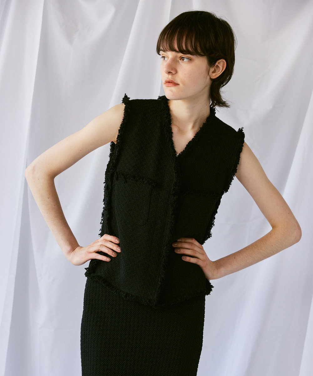 allureville ラスティックツイードフリンジジレ ブラック (95)