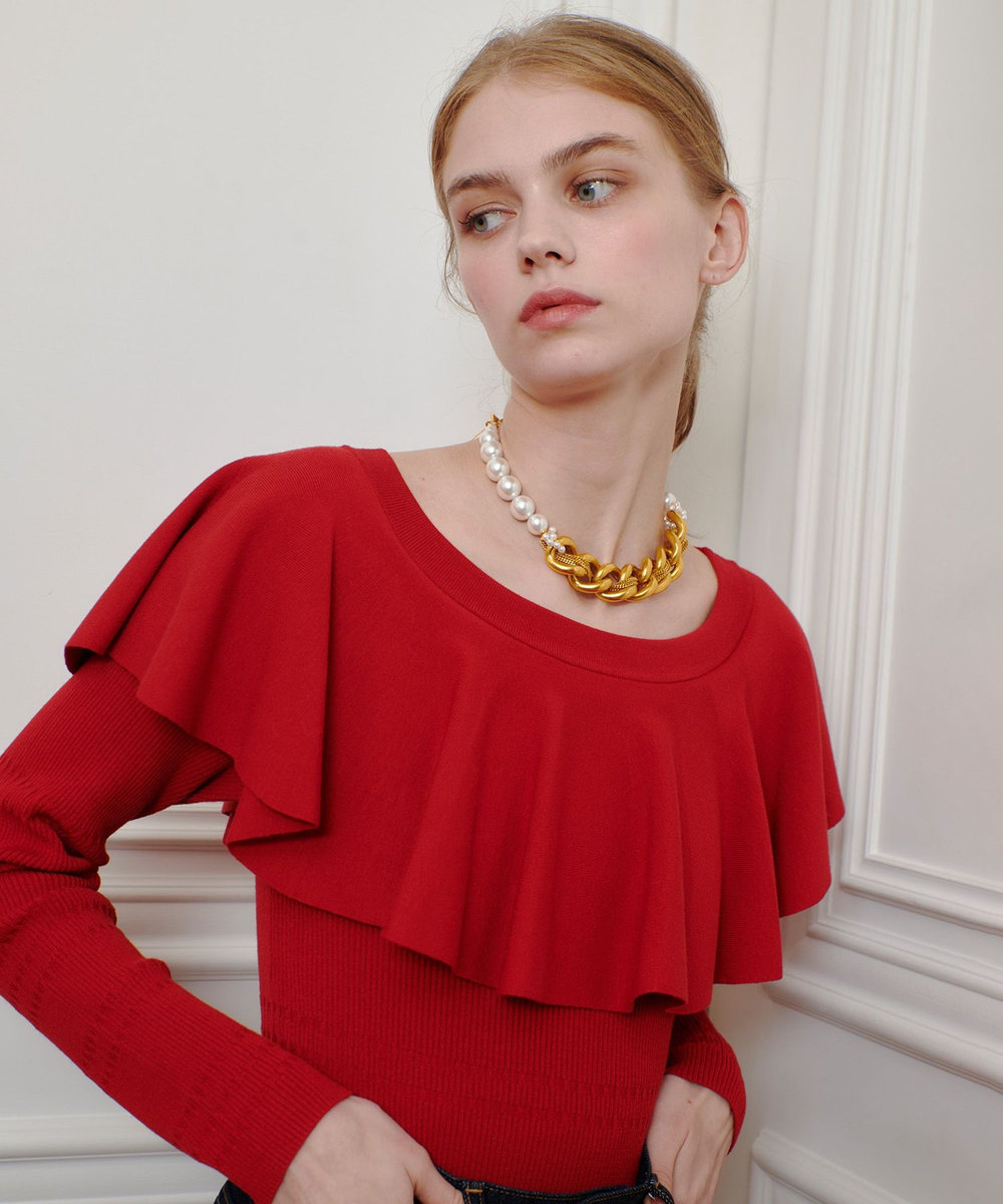 LOULOU WILLOUGHBY ラッフルオフショルプルオーバー レッド (43)