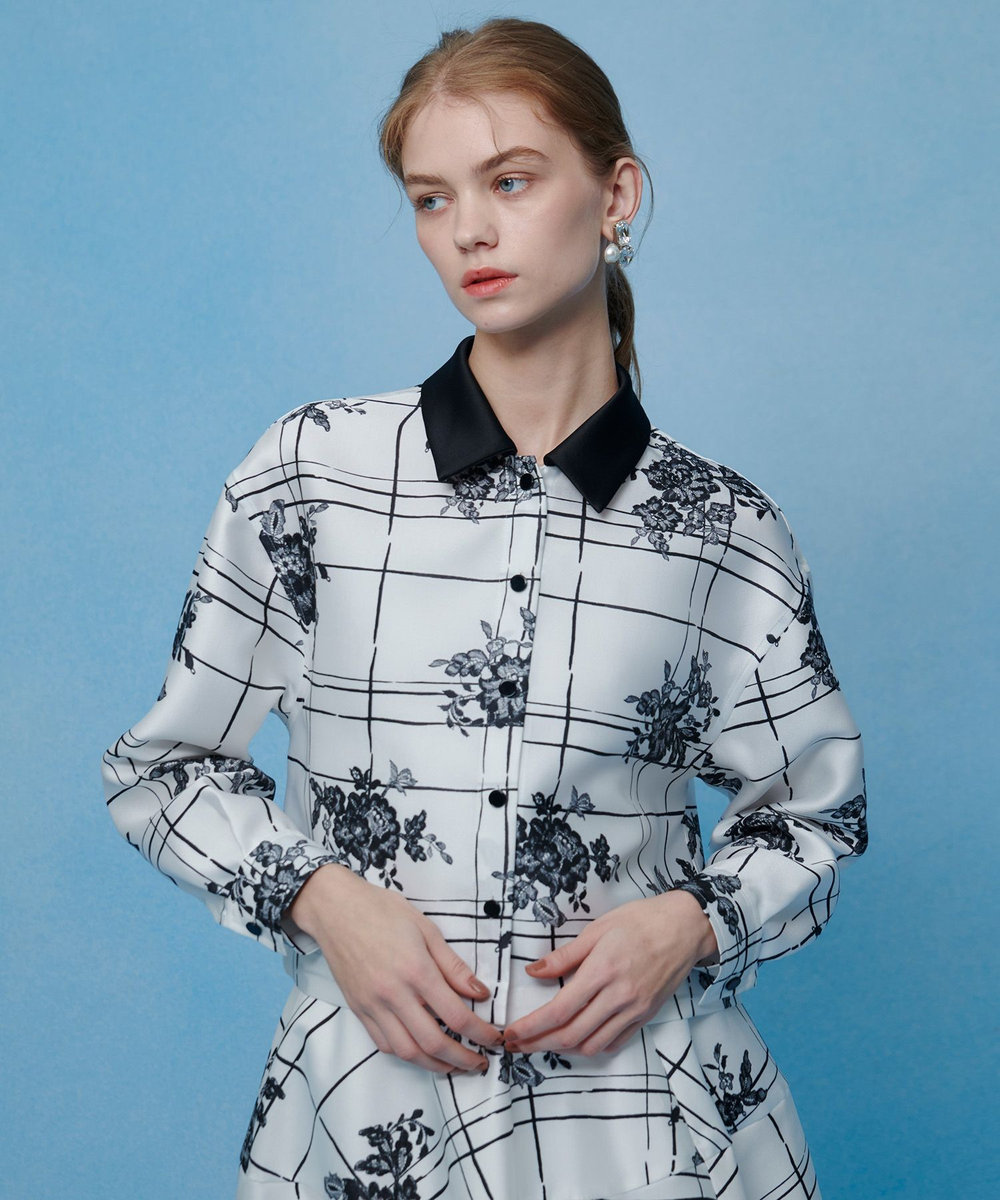 LOULOU WILLOUGHBY 【LOULOU WILLOUGHBY】SILK COフラワーチェックシャツブラウス ホワイト系 (08)