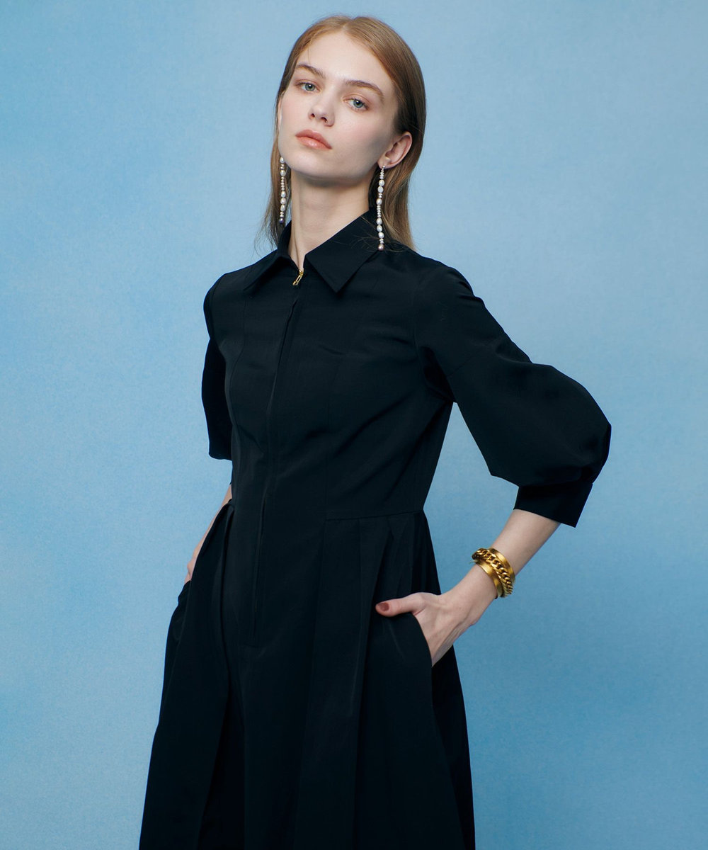 LOULOU WILLOUGHBY 【LOULOU WILLOUGHBY】タックパフシャツワンピース ブラック (95)