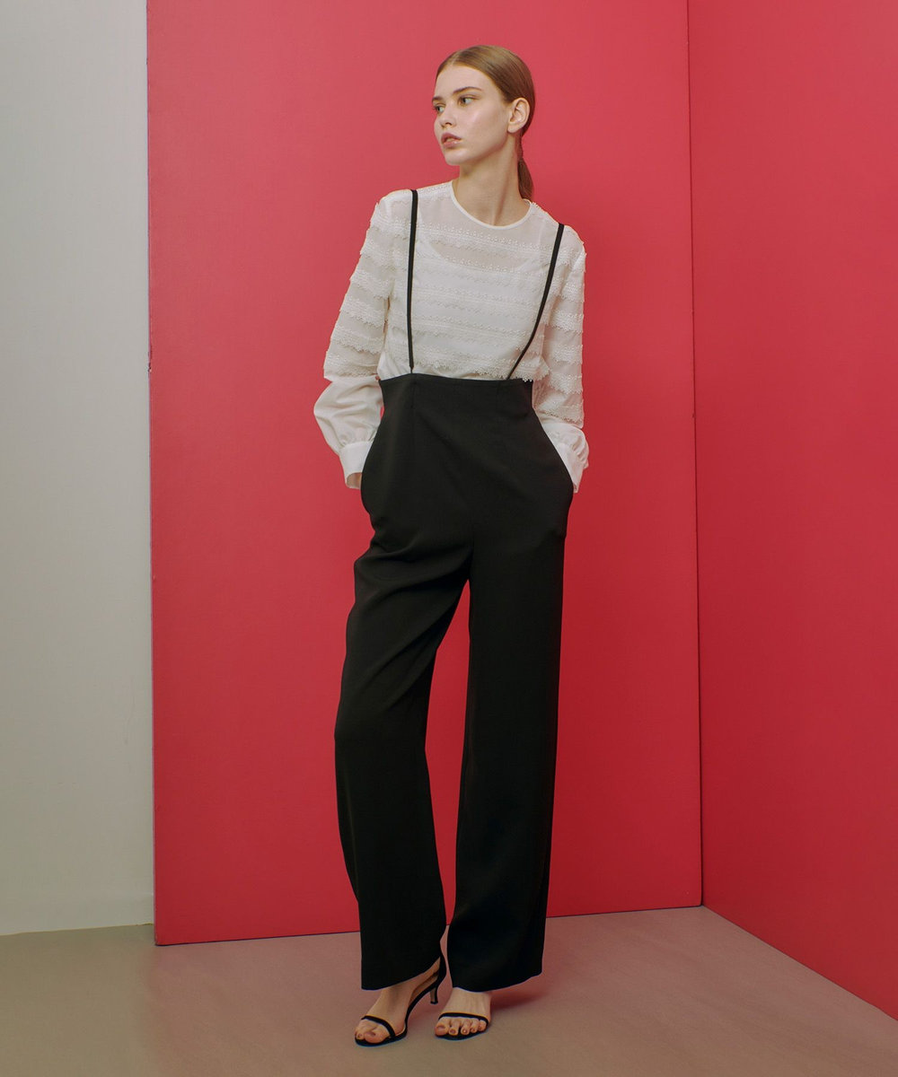 LOULOU WILLOUGHBY 【LOULOU WILLOUGHBY】ダブルクロスハイウエストサスペンダーパンツ ブラック (95)