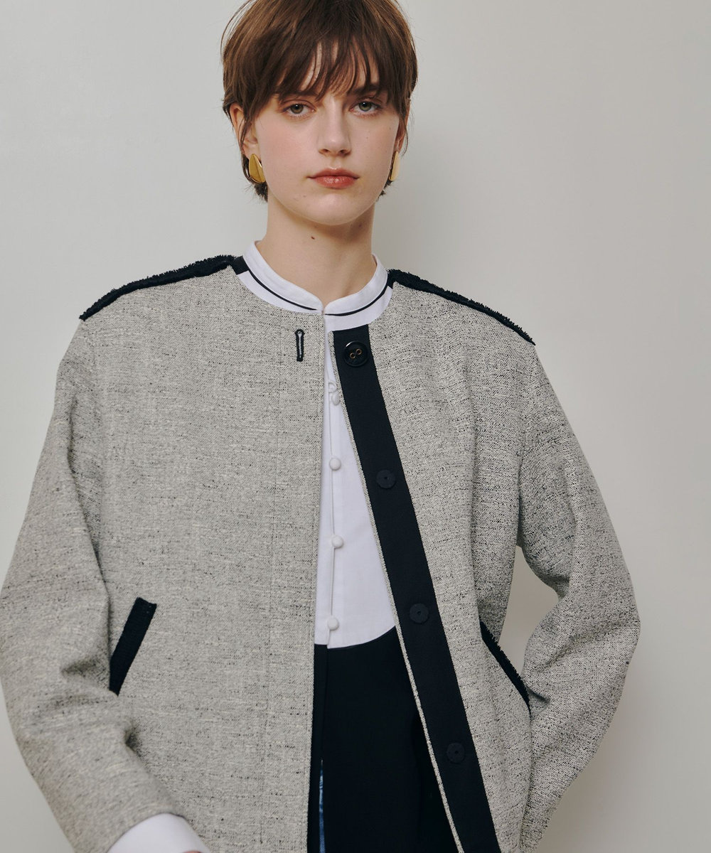 allureville ミックスツイードノーカラージャケット ブラック (95)