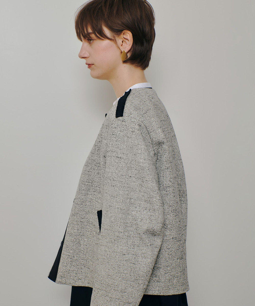 allureville ミックスツイードノーカラージャケット ブラック (95)