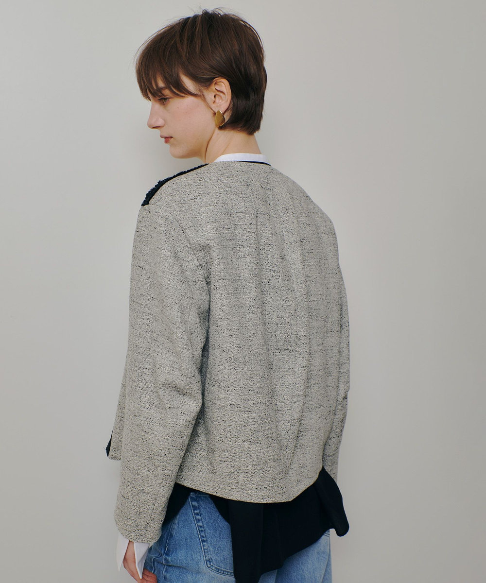 allureville ミックスツイードノーカラージャケット ブラック (95)