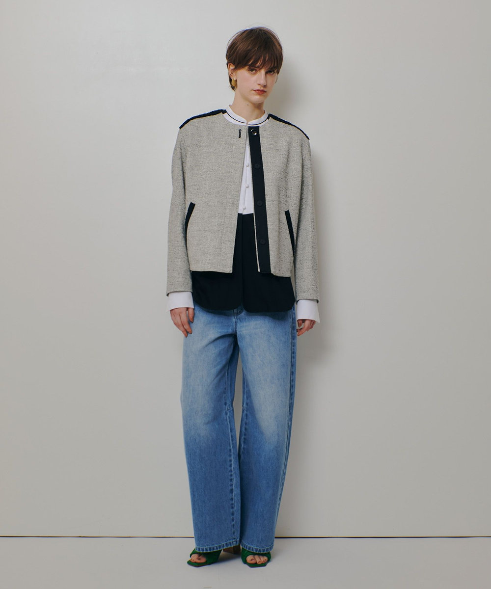 allureville ミックスツイードノーカラージャケット ブラック (95)