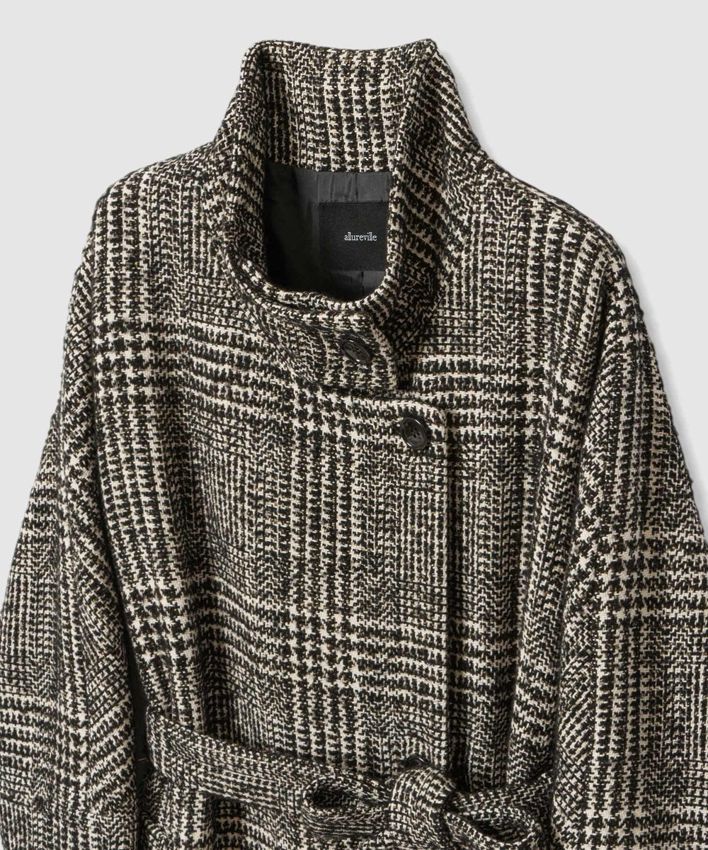allureville グレンチェックスタンドカラーコート ブラック (95)