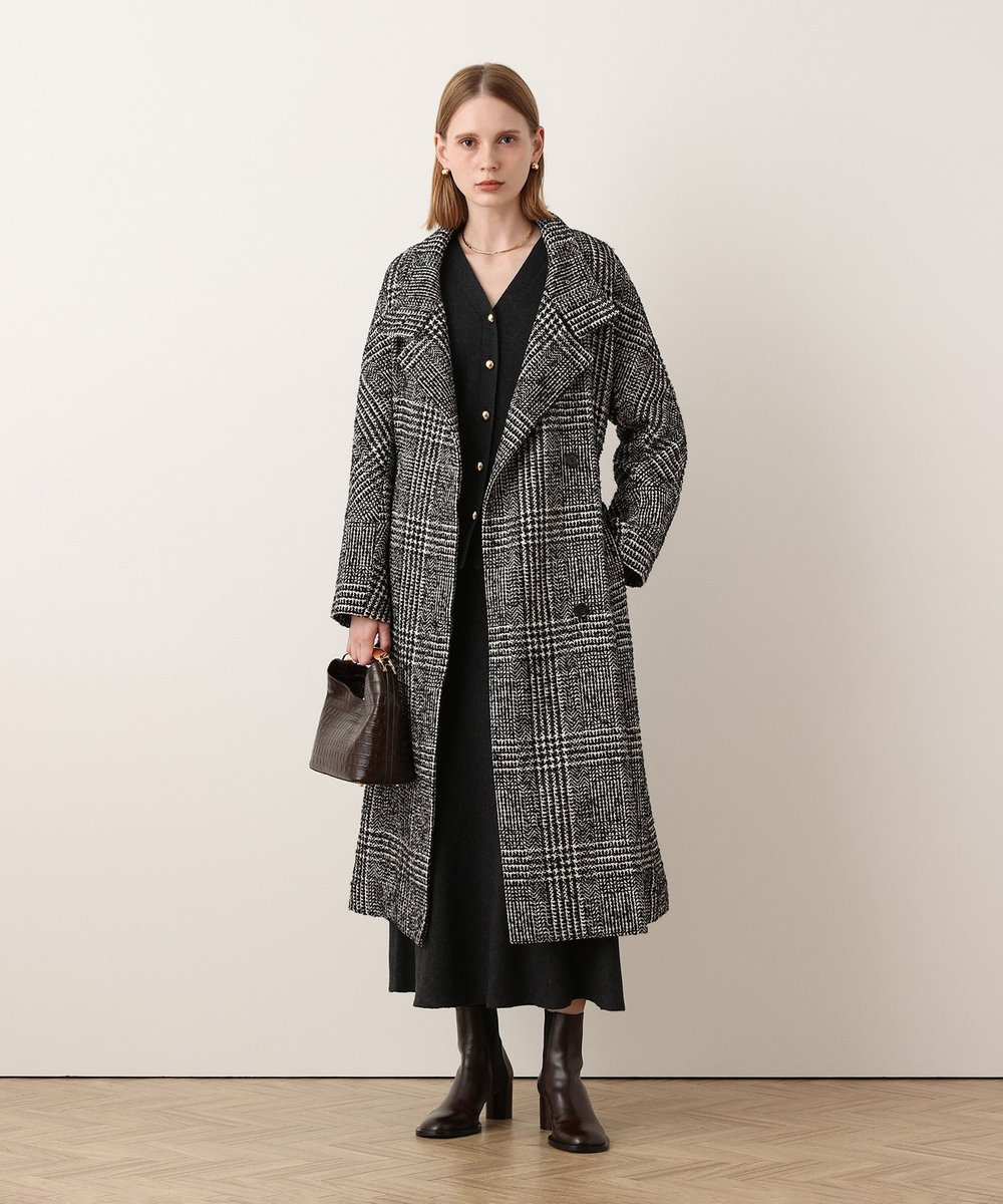 allureville グレンチェックスタンドカラーコート ブラック (95)