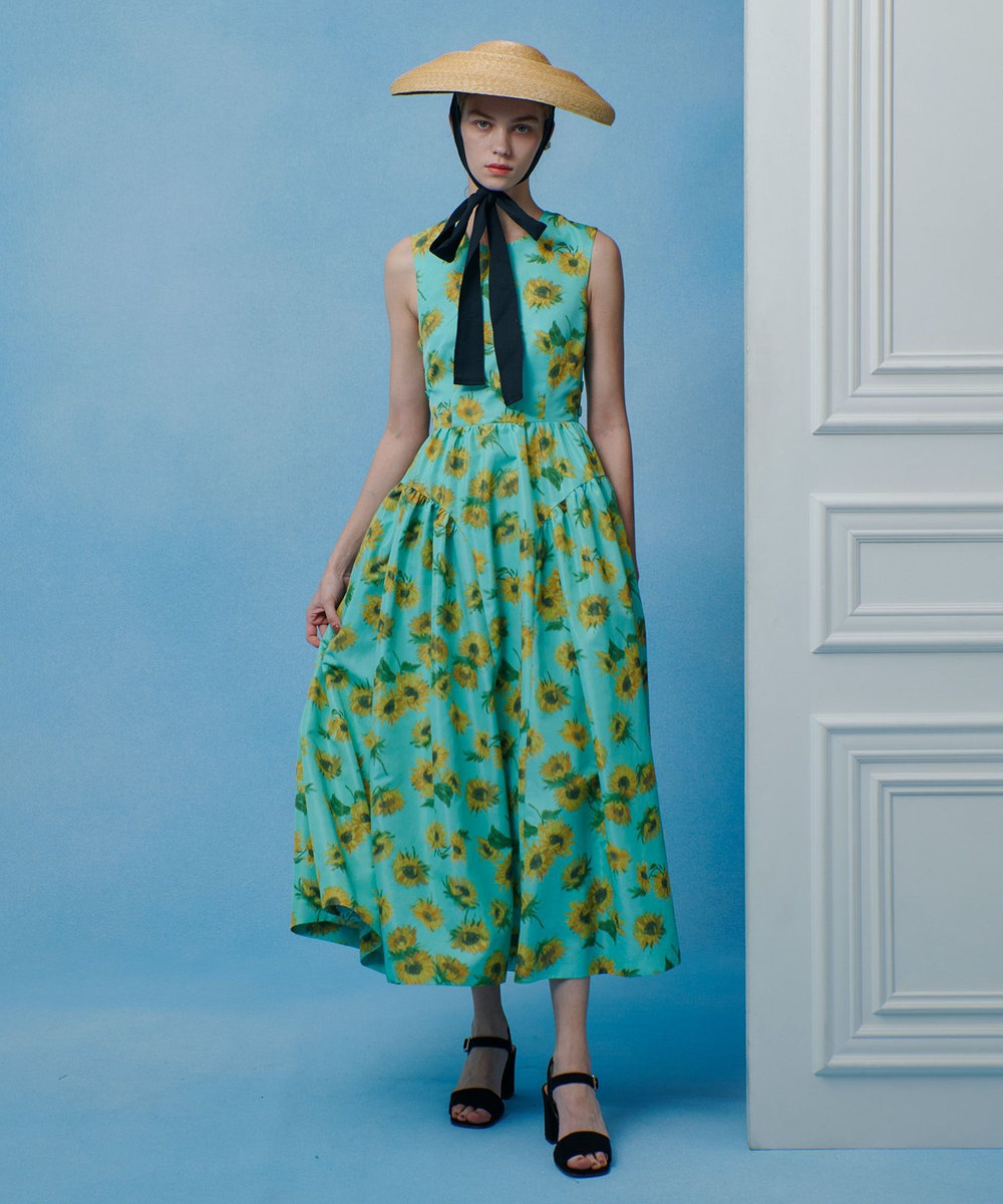 LOULOU WILLOUGHBY  WEB 一部店舗限定【LOULOU WILLOUGHBY】サンフラワープリントバッククロスワンピース グリーン系 (74)