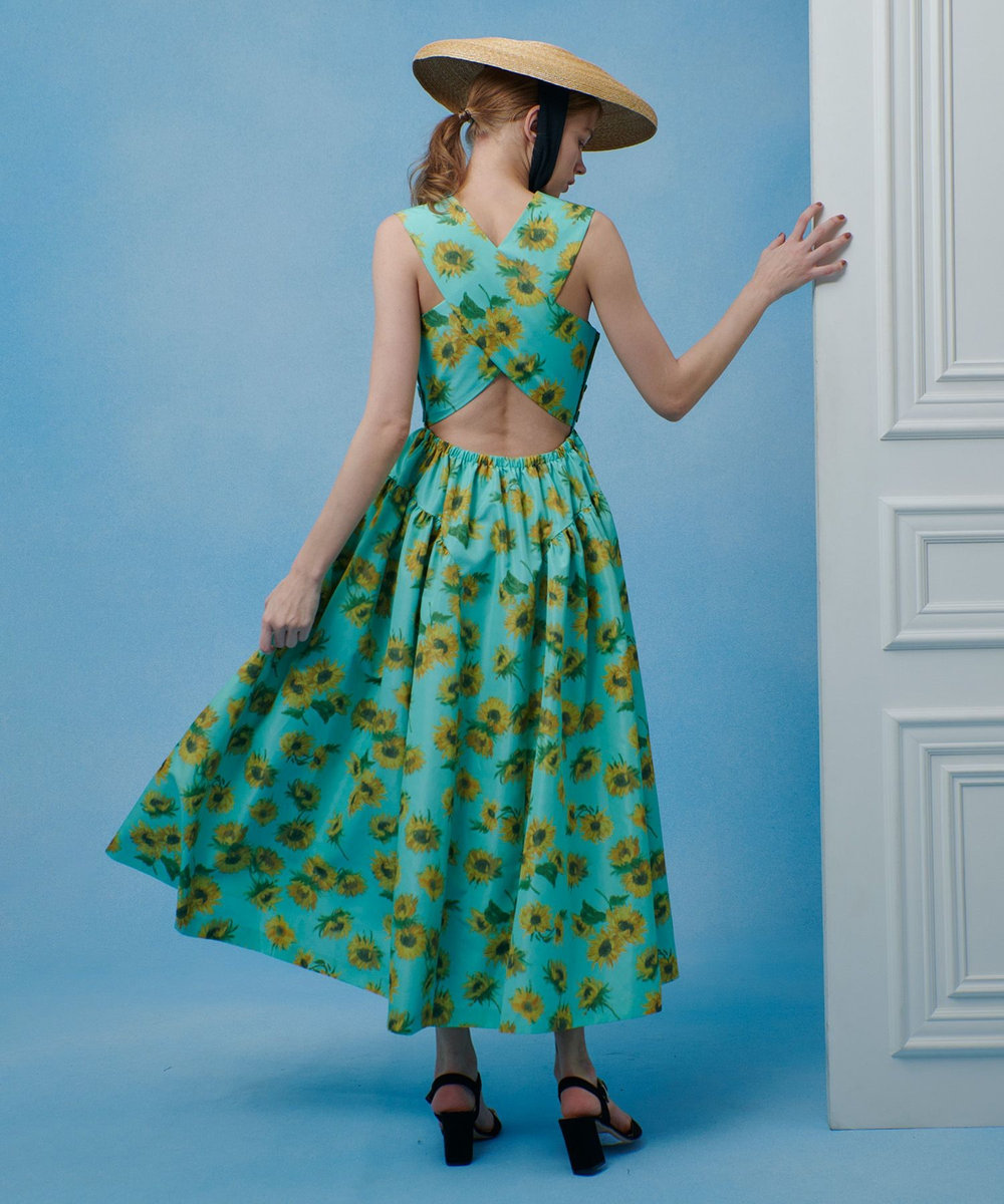 LOULOU WILLOUGHBY  WEB 一部店舗限定【LOULOU WILLOUGHBY】サンフラワープリントバッククロスワンピース グリーン系 (74)