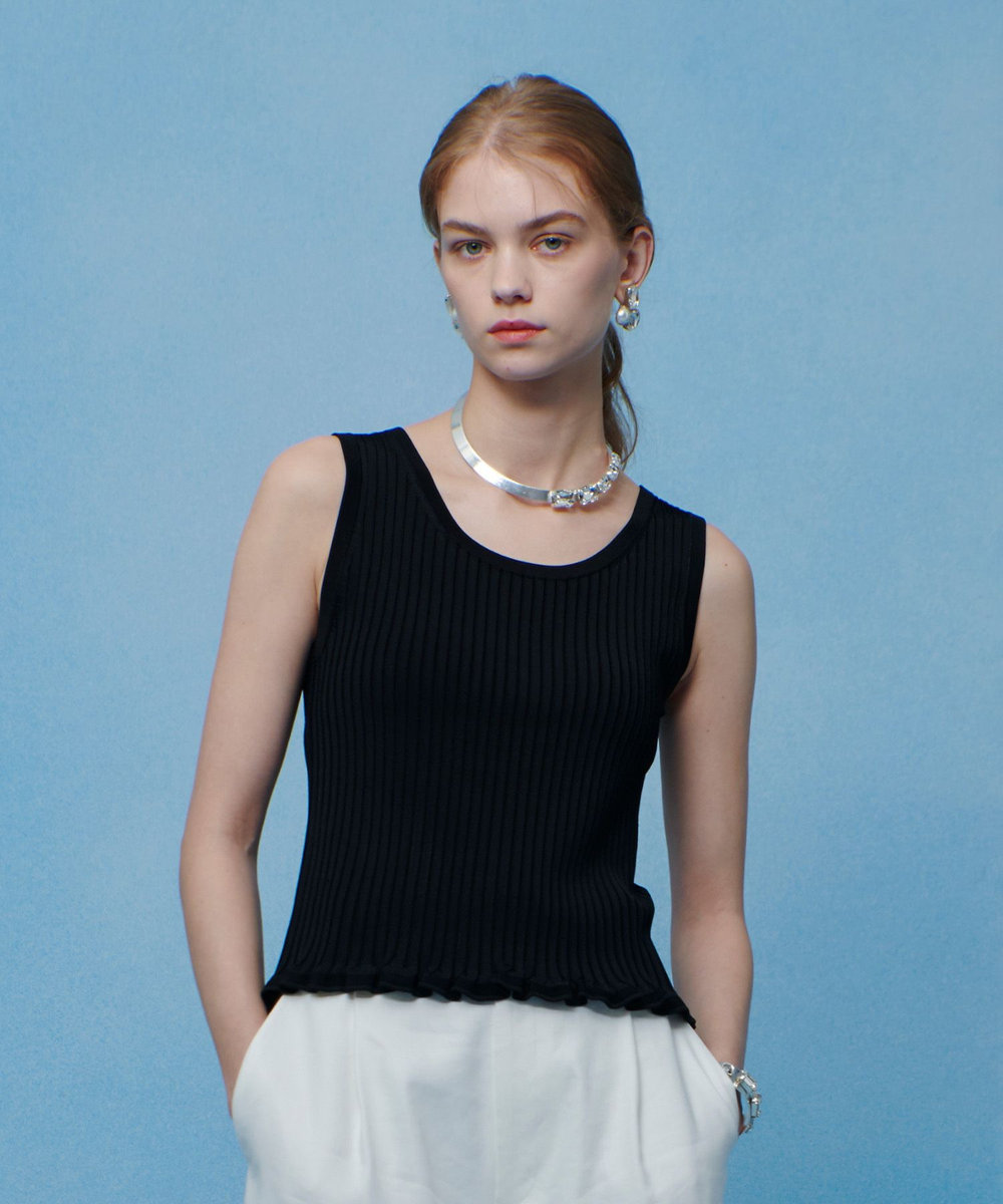 LOULOU WILLOUGHBY 【LOULOU WILLOUGHBY】ワイドリブヘムフリルタンク ブラック (95)