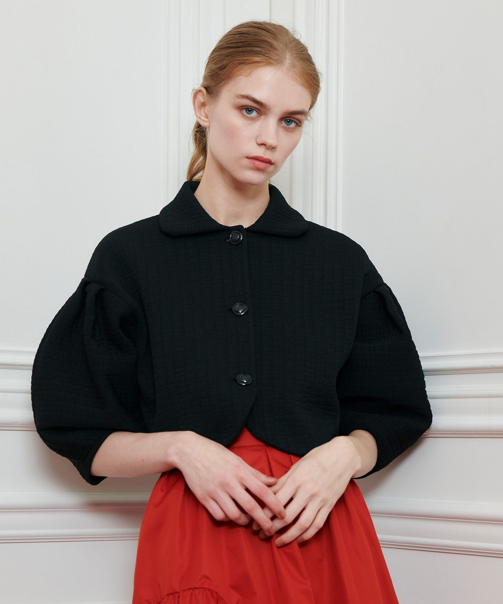LOULOU WILLOUGHBY ダブルジャガードパフニットジャケット ブラック (95)