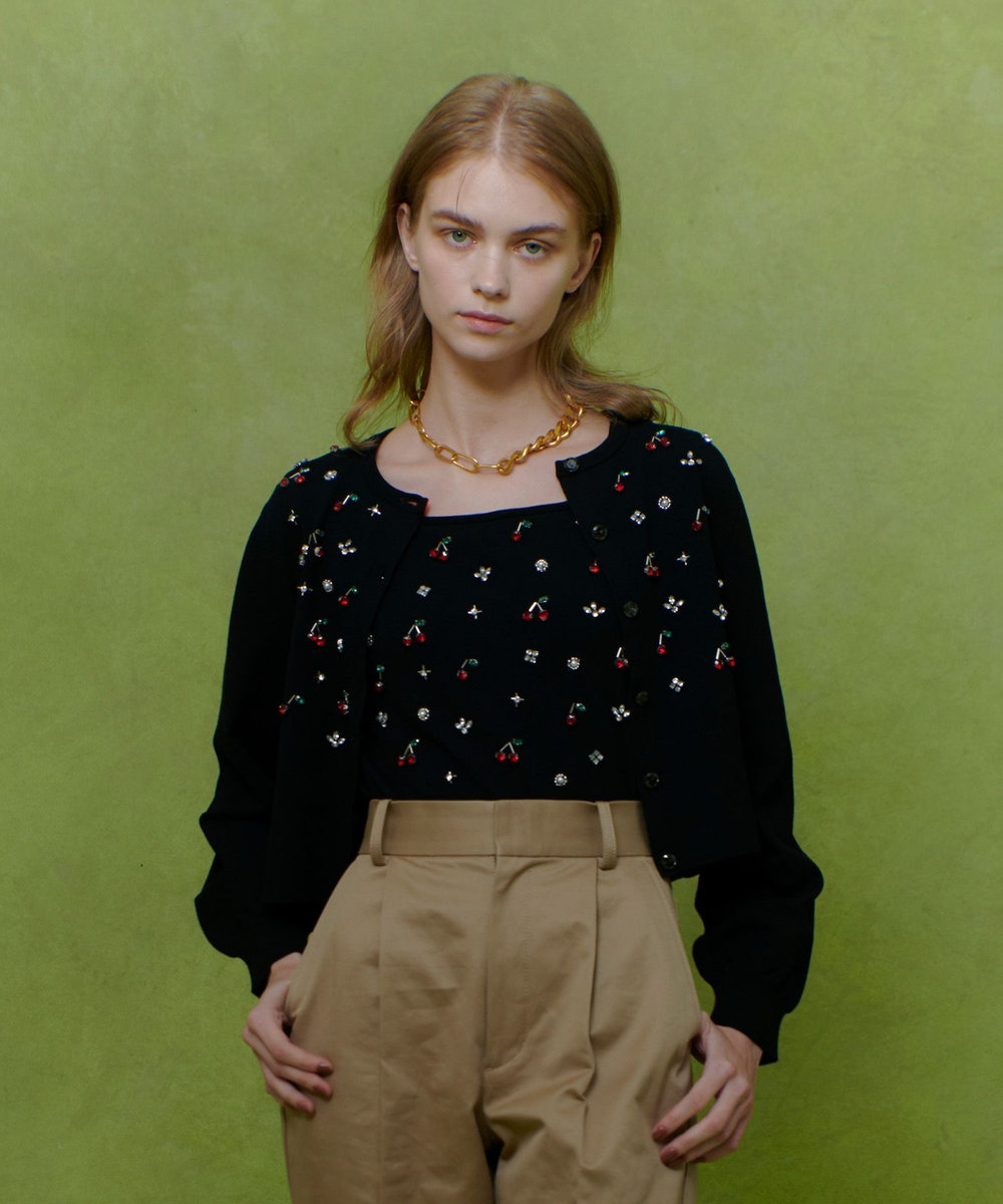 LOULOU WILLOUGHBY 【LOULOU WILLOUGHBY】CHERRYビジューカーディガン ブラック (95)