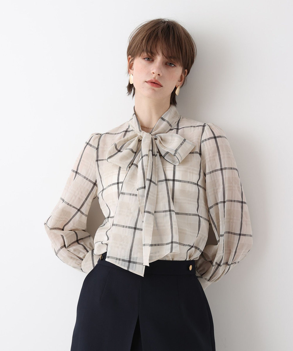 allureville シアーチェックボウブラウス ライトベージュ (12)