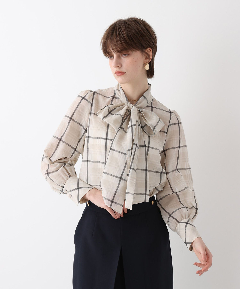 allureville シアーチェックボウブラウス ライトベージュ (12)