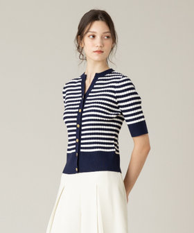 本店は LOULOU WILLOUGHBY】◇ バイカラーキーネック5分袖カーディガン トップス