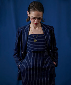 25ss 美品 アルアバイル テトリネンラインワンピース 2 紺 リネンストライプジャンパーワンピース|allureville OFFICIAL SITE