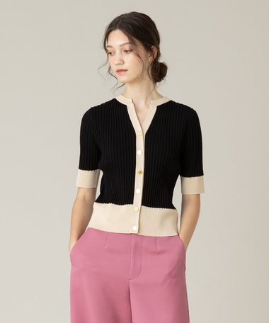 LOULOU WILLOUGHBY】◇ バイカラーキーネック5分袖カーディガン