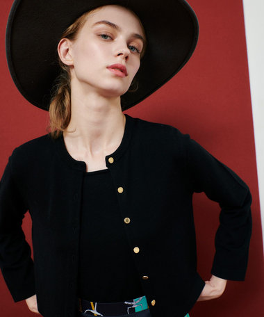 LOULOU WILLOUGHBY ブラックロングカーディガン LOULOU WILLOUGHBY】フェザーリブボーダーカーディガン