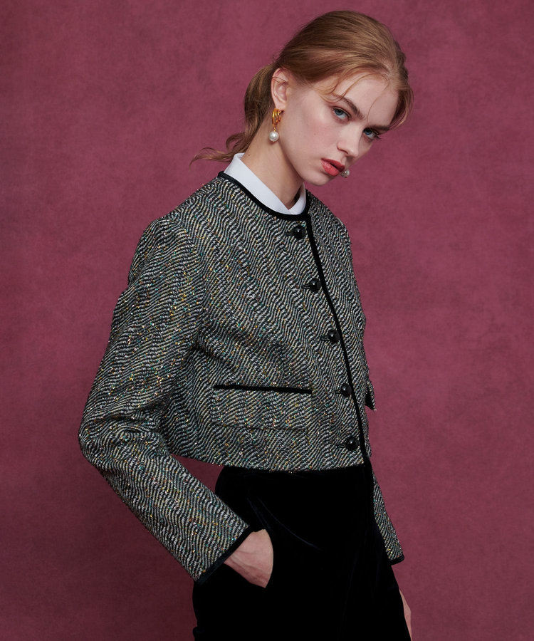 LOULOU WILLOUGHBY 【LOULOU WILLOUGHBY】LINTONラメツイードショートジャケット グレー (92)