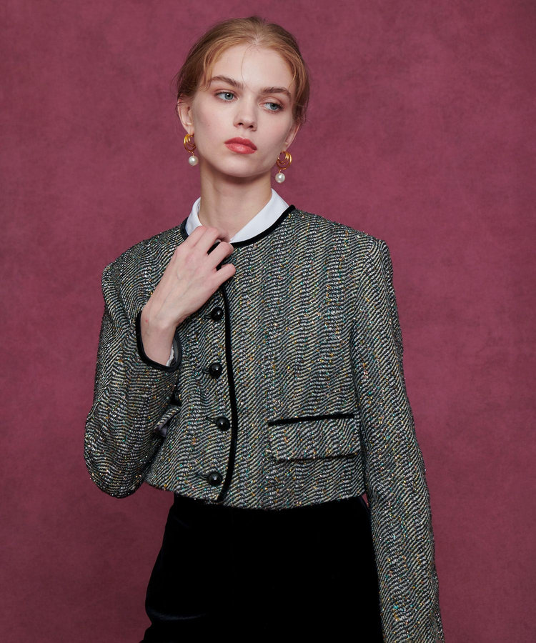 LOULOU WILLOUGHBY 【LOULOU WILLOUGHBY】LINTONラメツイードショートジャケット グレー (92)