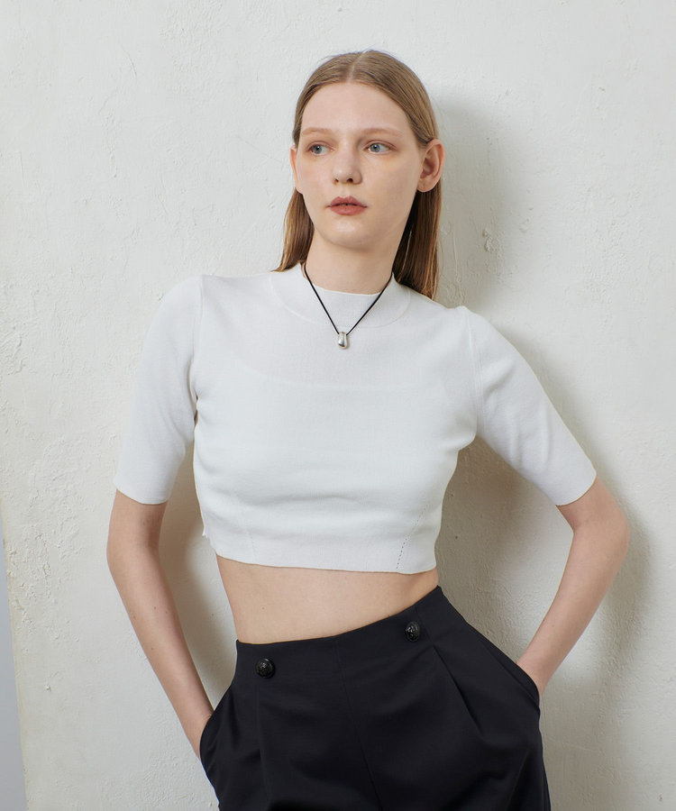 ルークールスムース半袖モックネックカット ソー 18G サーブルストレッチモックネックニット(1 OFF WHITE