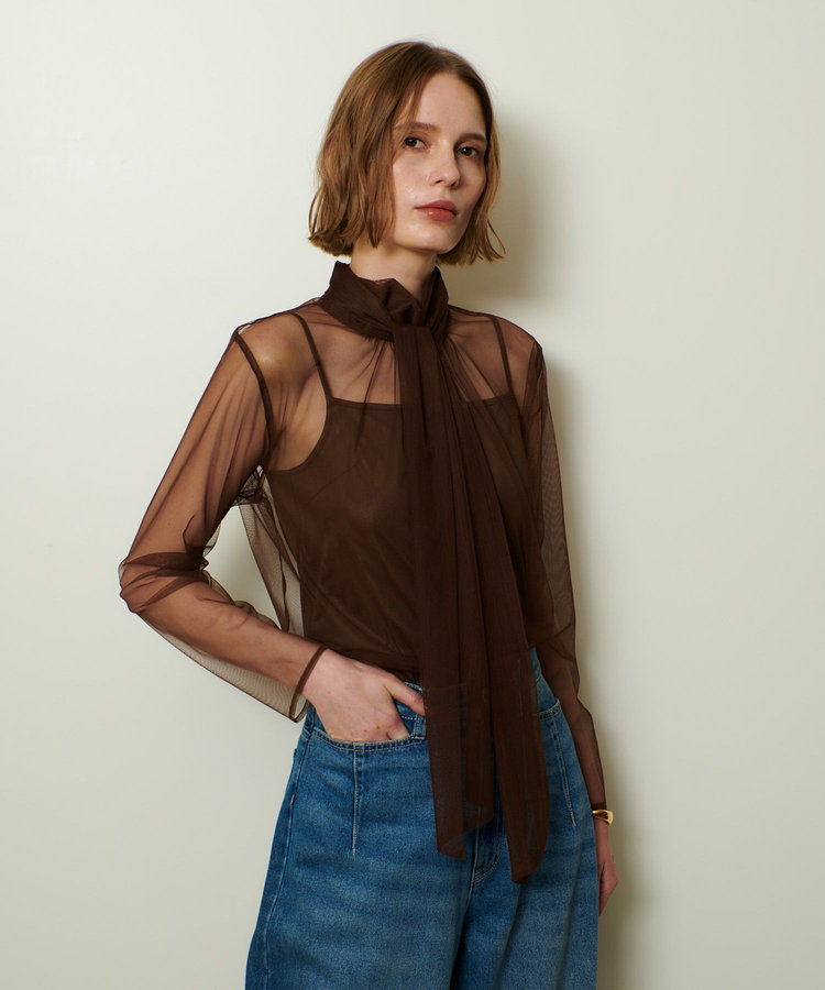 allureville チュールボウロングスリーブ プルオーバー ブラウン (81)