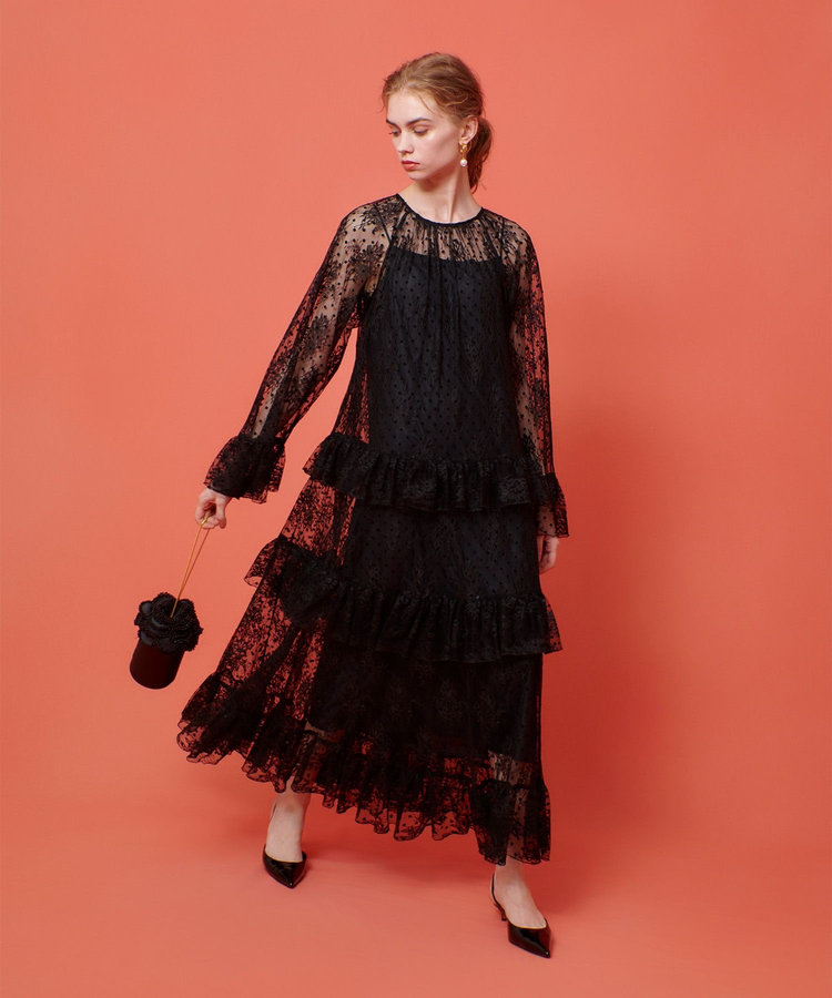 LOULOU WILLOUGHBY 【LOULOU WILLOUGHBY】フロッキードットレースワンピース ブラック (95)