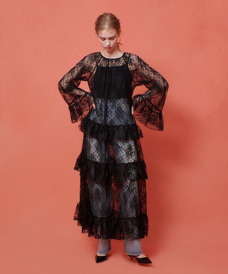 LOULOU WILLOUGHBY 【LOULOU WILLOUGHBY】フロッキードットレースワンピース ブラック (95)