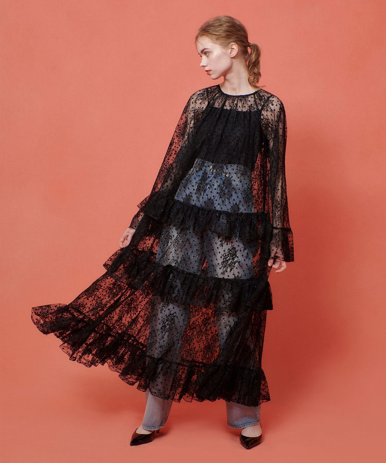 LOULOU WILLOUGHBY 【LOULOU WILLOUGHBY】フロッキードットレースワンピース ブラック (95)