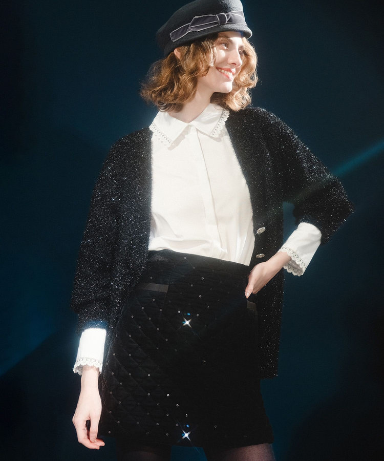 LOULOU WILLOUGHBY 【LOULOU WILLOUGHBY】フィルムラメミドルカーディガン ブラック (95)