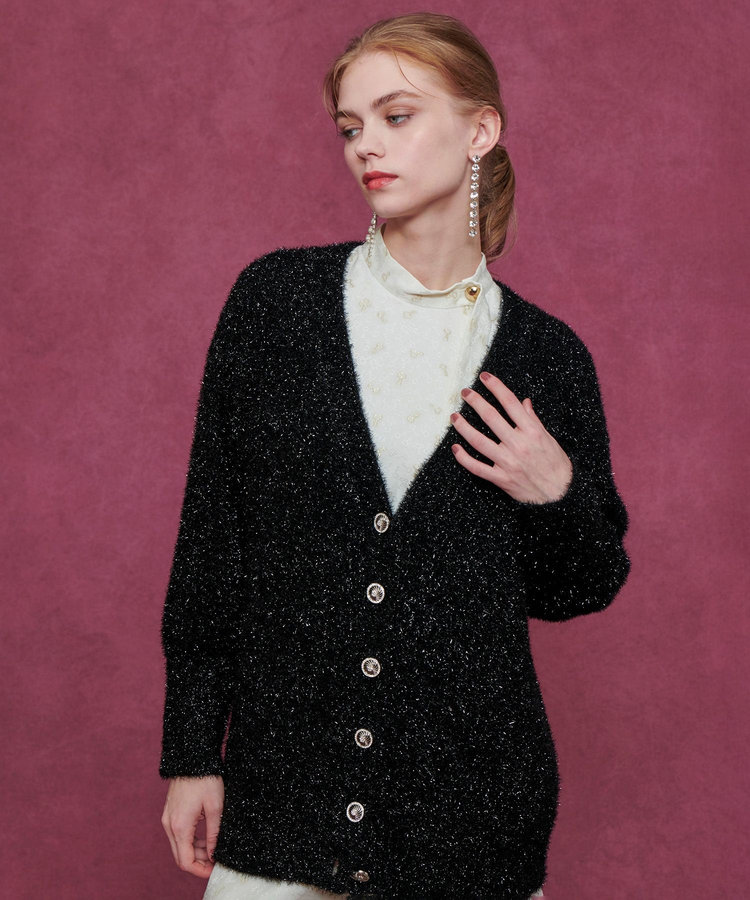 LOULOU WILLOUGHBY 【LOULOU WILLOUGHBY】フィルムラメミドルカーディガン ブラック (95)