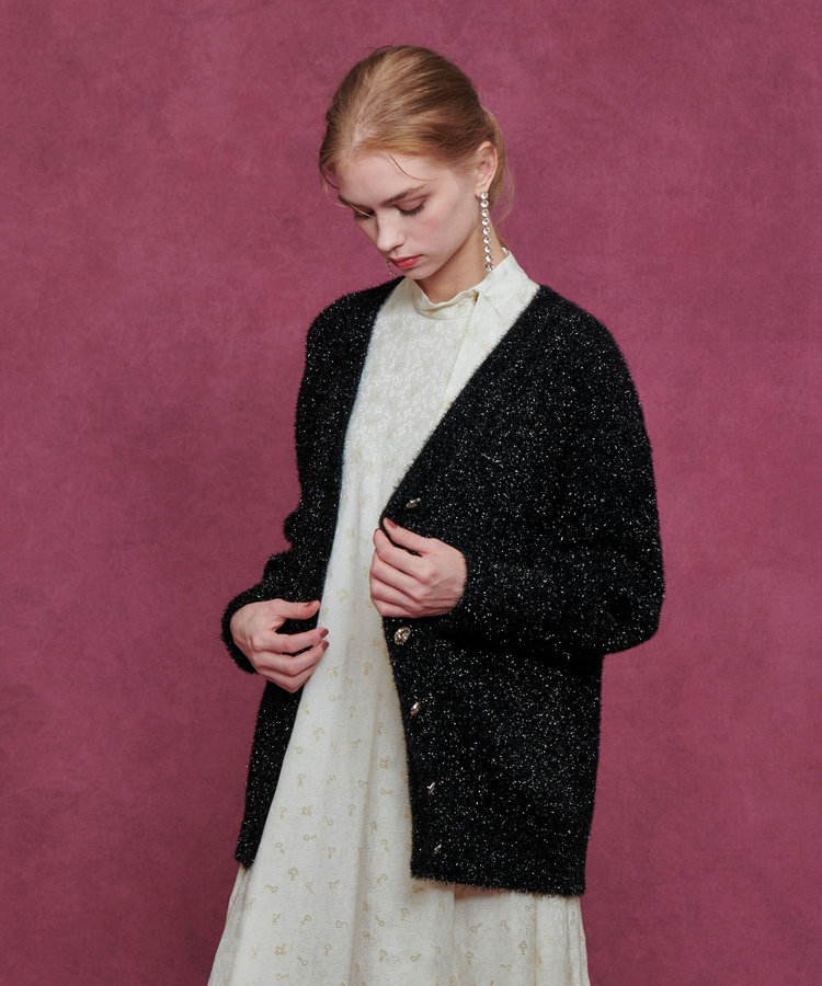 LOULOU WILLOUGHBY 【LOULOU WILLOUGHBY】フィルムラメミドルカーディガン ブラック (95)