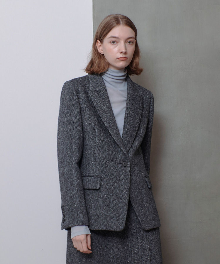 allureville 【セットアップ対応可能】ヘリンボンツイードテーラードジャケット ブラック (95)